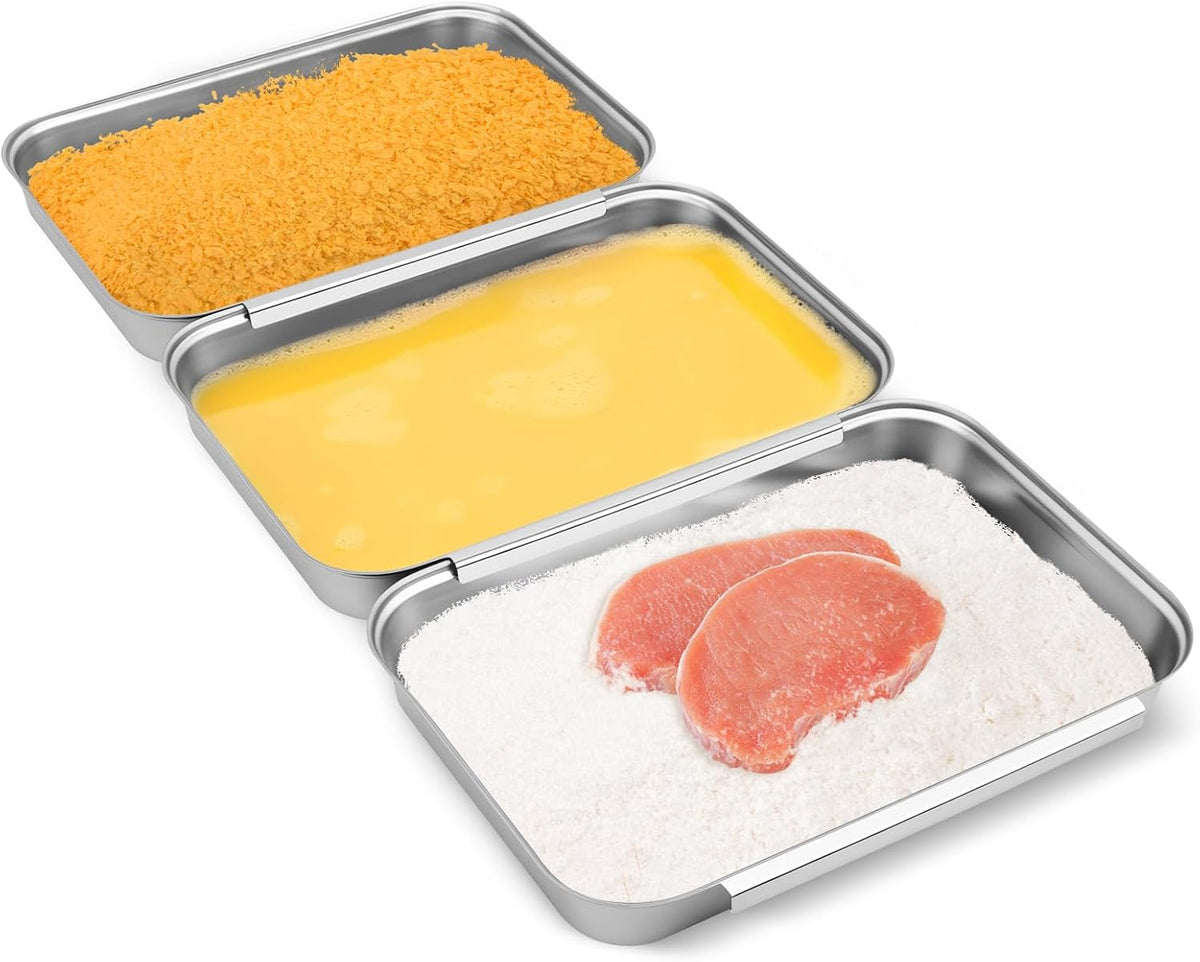 Breading Trays Set of 3 - Stainless Steel Dredging Trays for Breading, Marinating & Food Prep, Interlocking Breading Station for Chicken, Fish, Baking, Oven-Safe (8.5" x 5.8" x 1.2")