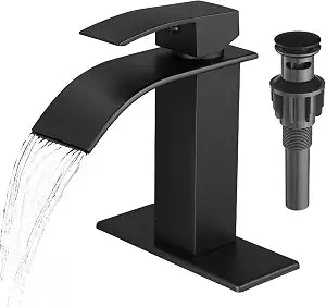 VOTON Black Bathroom Faucets, Waterfall 1 Hole Faucet with Deck & Drain