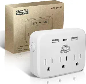 Cruise Ship Compliant Non-Surge Power Strip (6-in-1) Outlet Extender with 3 AC Outlets, 2 USB Ports & 1 USB-C, 2500W, Carnival, Norwegian, Princess & Disney Cruises  Verify Policies Before Travel
