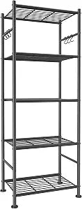 Sakugi 5-Tier Storage Rack Organizer with Hooks, Heavy Duty Metal Garage Rack with Leveling Feet, Freestanding Utility Rack for Bedroom, Balcony and Garage, 18.1"12.4"56.8", Black