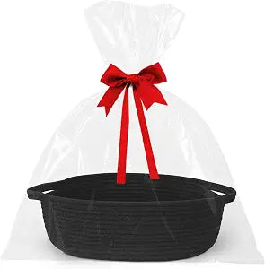Small Baskets for Gifts Empty, 13"x 9"x 5" Woven Gift Basket with Bag and Ribbon, Cotton Rope Kids Dog Cat Toy Bin Box, Cute Baby Nursery Organizer, Decorative Storage with Handles (Black)
