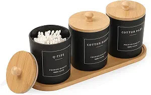 3 Pack Qtip Holder - Bathroom Organizers and Storage, Cotton Round Pad Dispenser Floss Pick Holder with Tray, Glass Apothecary Jars with Lids, Cotton Ball Container - Black