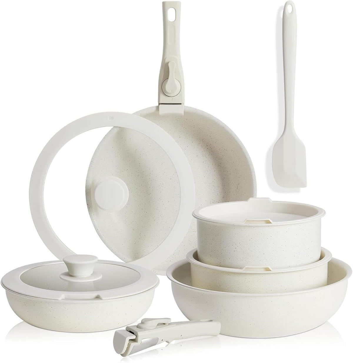 NEWBULIG 12-Piece Nonstick Cookware Set, Detachable Handle Pots and Pans, Induction Compatible Cookware, Dishwasher & Oven Safe, Space-Saving Kitchen Set, Cream White