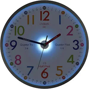 JoFomp Telling Time Teaching Clock, 10 Inch Illuminated Wall Clock for Kids Bedroom, LED Wall Clock Battery Operated, Silent Learning Clock for Kids, Teachers & Classroom, Light Sensor - Auto Lighting