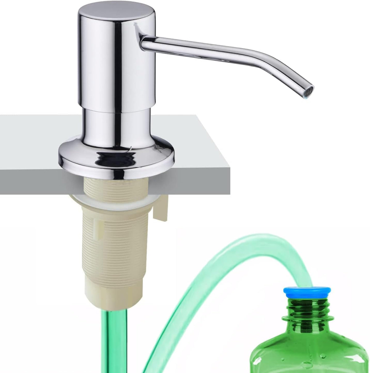 Dish Soap Dispenser for Kitchen Sink, Built in Sink Soap Dispenser Chrome, Countertop Soap Dispenser Stainless Steel Pump with 47" Extension Tube kit, No Need to Fill Little Bottle Again