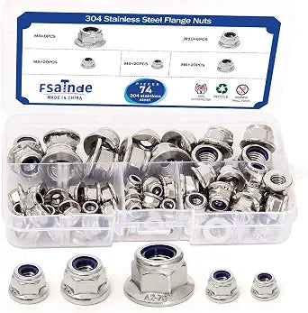Flange Nylon Inserted Lock Nuts Assortment Kit,304 Stainless Steel DIN985 Flange Locknuts M4-M10,Bright Finish for Furniture Machinery Industry Fasteners,74Pcs