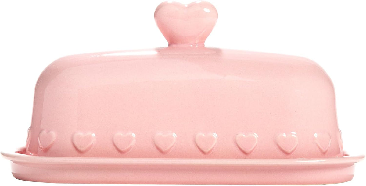Paris Hilton Heart Knob Butter Dish, Iconic Stoneware With Heart Detailing, Microwave Safe & Dishwasher Safe, 2-Piece Set, Pink