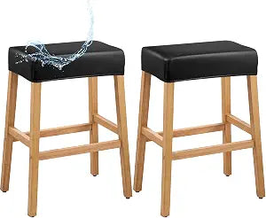 PU Leather Bar Stool Covers Rectangular, 100% Waterproof Stool Covers Rectangle Super Stretch 20% Thicker Leather Saddle Stools Cover Rectangular Counter Bar Stools with Elastic Band (2 PCS, Black)