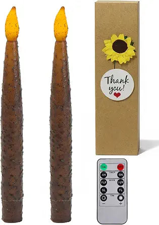 2Pcs 8inch Primitive Candle Battery Operated Hand Dipped Real Wax Rustic Flameless Candles with Amber Yellow Flickering Lights for Halloween Country Home Decor