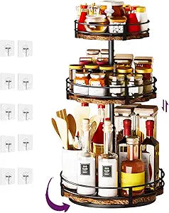 Heavy-Duty 3-Tier Lazy Susan Organizer, Adjustable to Different Heights, Countertop Spice Rack, Upgraded Thickened Wooden Board, Suitable for Seasoning Organizer, Kitchen Organization