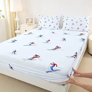 Ski Fitted Sheet Queen Size,Winter Skiing Extreme Sports Bedding Set 3Pcs for Kids Girls Boys Skiers Room Decor,Cartoon Red Navy Ski Player Bed Sheet,Blue White Deep Pocket Sheet,2 Pillowcases