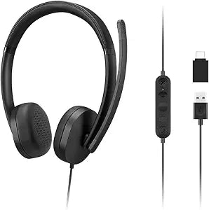 Lenovo 115 USB-A/USB-C Wired Stereo Headset  Lightweight, Noise-Cancelling, in-Line Control Box, USB-A to USB-C Adapter, Over-Ear Design, Headset with Mic for PC and Laptop, Black