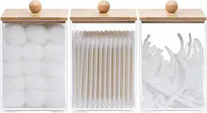Tbestmax 3 Pack Square Qtip Holder - 12 oz Bathroom Organizers and Storage Containers, Plastic Apothecary Jars with Bamboo Lids for Cotton Ball, Cotton Swab, Floss