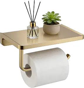 TRUSTMI Toilet Paper Holder with Phone Shelf, Zinc Alloy, Brushed Gold