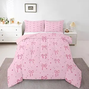Feelyou Bow Kids Comforter Set Full Size Cute Bowknot Bedding Set Princess Style Duvet Quilt for Kids Boys Girls Bedroom Pink Kawaii Decor Elegant Microfiber Ultra Soft Breathable
