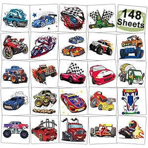 CHARLENT 148 Sheets Race Car and Monster Truck Temporary Tattoos for Kids