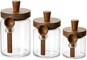 Glass Family Glass Jars with Bamboo Lids and Wooden Spoons Set of 3, Airtight Glass Storage Containers with Lids for Dry Food Storage, Sugar Coffee Tea Nuts Cookie Candy, Kitchen Canisters Spice Jars