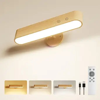 PopoIron 7500 mAh Rechargeable Wall Sconce, Battery Operated LED Wall Light for Bedroom with Remote Control & Touch, 360 Magnetic Rotation, 3 Colours, Dimmable Wood Wall Lamp, 15 RGB Colors, 1p