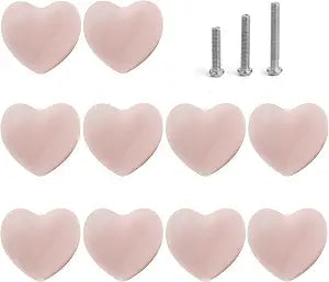 Ceramic Drawer Knobs Heart Shape Cabinet Dresser Pulls Handles with 3 Sized Screws, Kitchen Furniture Knobs for Closet Cupboard Wardrobe (10 Pack, Power Pink)
