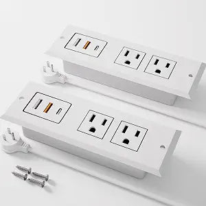 Recessed Power Strip - Set of 2,20W Fast Charging USB C Port and 18W USB-A Ports.Flush Mount Desk Outlet,Furniture Hidden Charging Station for End Table,Flat Plug,6.5 ft Extension Cord,White