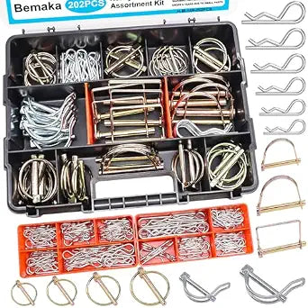 202Pcs Hitch Pins Clip Pins Assortment Kit, Heavy Duty Hitch Pins R Clip, Linch Pins, PTO Pins Trailer Truck Towing Tractor Accessories Three-Point Accessories for Lawn Garden Farm Equipment