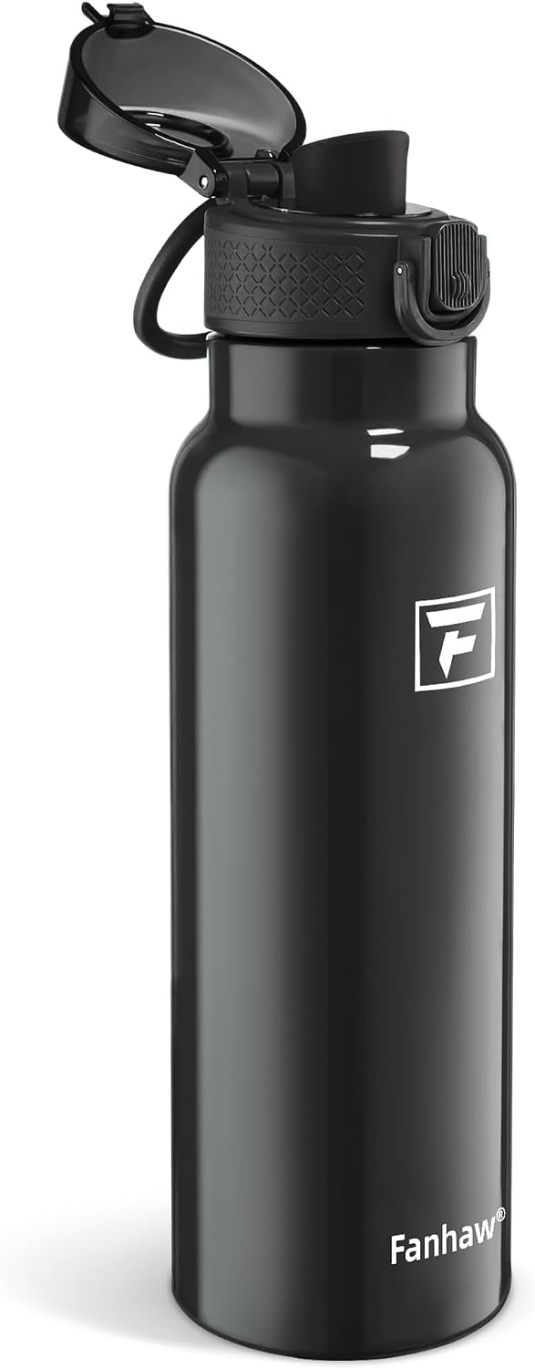 Fanhaw 24oz Insulated Water Bottle with Soft Chug Lid, Glossy Black