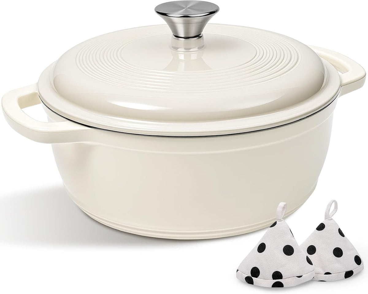 Enameled Cast Iron Dutch Oven Pot With Lid - AIVIKI 5QT Dutch Oven for Bread Baking With Cotton Potholders - Heavy-Duty Cookware for Braising, Stew, Roasting, Oven Safe up to 500F, Cream White