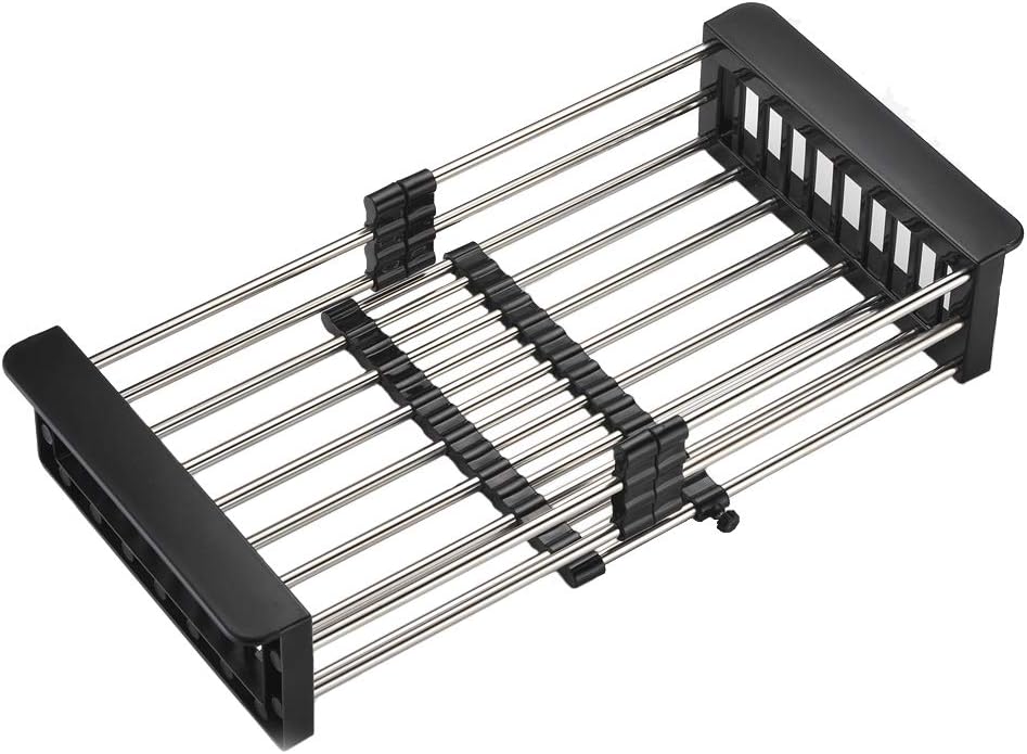 Dish Drying Rack, Over The Sink Dish Drying Rack, Stainless Steel Drainer with Adjustable Arms Holder Functional Kitchen Sink Organizer for Vegetable and Fruit, Black