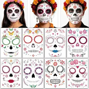 44 Pcs Day of the Dead Sugar Skull Face Temporary Tattoos
