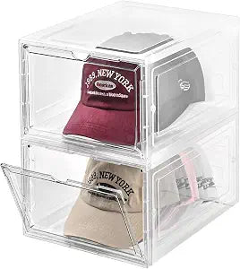 Hat Organizer Box, Stackable Clear Baseball Caps Holder Box Containers With Magnetic Door For Hats Snapback Cap Storage, Clear Hat Storage With Magnetic Door, Holds 20 Hats, 2 Pack