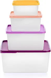 Tupperware Keeptabs 4-Container Stacking Food Storage Set, Multi Color Lids, Nestable, Dishwasher Safe and BPA Free (4 Containers, 4 Lids)