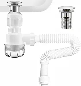 BOTEMY Polished Bathroom Sink Drain Kit with Flexible Sink Drain Pipe -No Tool Installation,11.8-28.4" Anti-Odor Expandable Sink P-Trap,1.25"-1.5" Pop Up Stopper &Strainer Hair Catcher(with Overflow)