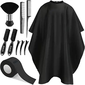 NICEMOVIC 10 in 1 Hair Cutting Barber Cape with Neck Duster Brush Barber Brush Neck Strips Hair Combs Hair Clips, Professional Barber Accessories Cleaning Supplies for Salon Haircut Styling (Black)