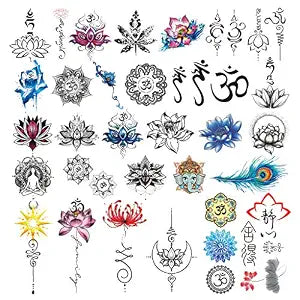 CARGEN Realistic Lotus Temporary Tattoos - 30 Sheets Yoga Style Stickers OM Lycoris Mandala Flower Elephant Moon Peacock Feather Sanskrit Tibetan Meditation Fearless Temporary Fake Tattoo Body Art