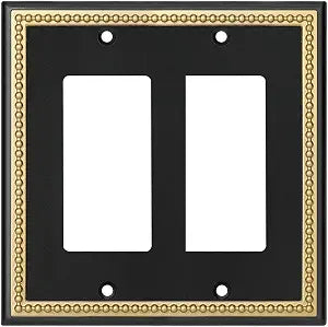 Pearled Frame Decorative Wall Plate Switch Plate Outlet Cover (Double Decorator, Black & Dark Golden)
