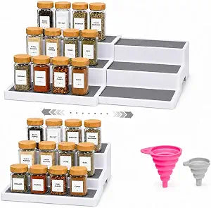 Pack of 2, Expandable 3 Tiered Spice Rack Organizer for Cabinet and Kitchen Pantry Shelf - Non-Slip Shelves for Spices, Seasoning, Canned Food, Medicine Cabinet Organizer - Includes Silicone Funnels