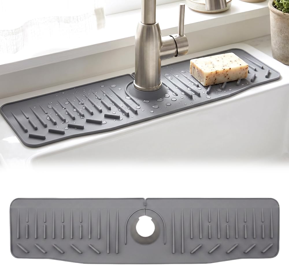 24 Inch Silicone Faucet Mat for Kitchen Sink, 2026 New Silicone Splash Shield for Kitchen Sink, Multifunctional Sink Organizer Mat for Kitchen Countertops (Grey)