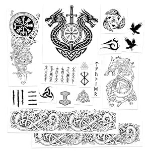 Warrior Viking Temporary Tattoos - 15pk- Celtic Nordic Runes Vegvisir - Easier than Make-up - Perfect for Conventions, RenFaires, LARP & Halloween (Warrior)