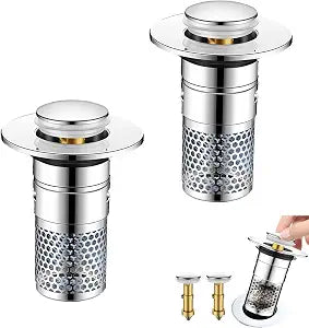 2 PCS 3-in-1 Bathroom Sink Drain Strainer StopperStainless Steel Pop-up Strainer Basket Hair Catcher with Removable Basket, Brass Bullet Core, Universal Fit for Bathtubs, Showers & Floor Drains