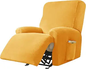 Stretch Recliner Covers, 4-Piece Ultra Soft Velvet Recliner Chair Slipcover Single Seat Couch Cover Furniture Protector with Pocket (Gold)
