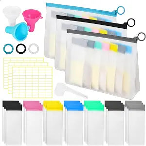 MUOUAKATE Protein Powder Travel Container Set - Reusable Powder Supplement Container To Go - 21pc Single Dose Bags and 3pc Large Travel Containers Zip Up Bags