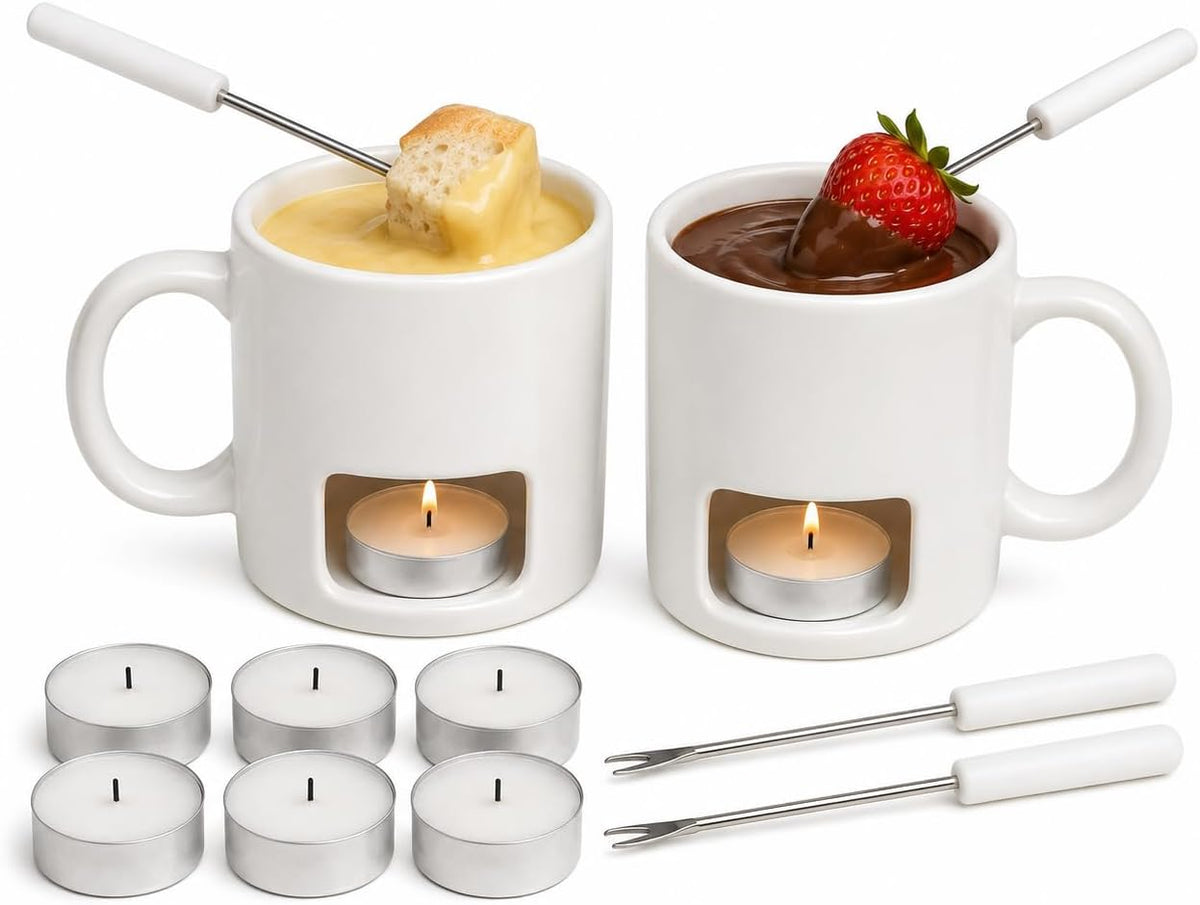 Evelots 2-Pack Ceramic Fondue Cheese Mugs, 4 Forks & 8 Candles, White