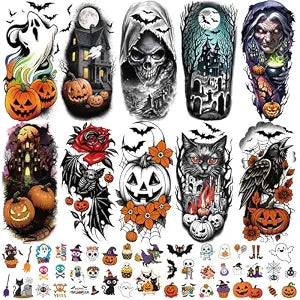 77 PCS Halloween Temporary Tattoos for Adult Kids, Ghost Bat Witch Spider Pumpkin Bat Crow Skull Fake Tattoos, Horror Scary Face Body Tattoos for Halloween Party Costume