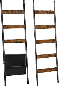HOOBRO Blanket Ladder, 5 Tier Towel Rack, Wall-Leaning Blanket Rack, Decorative Ladder Holder with 4 Hooks and Pocket, Drying and Display Rack for Bathroom, Rustic Brown BF52-32CJ01