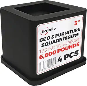 iPrimio Bed Risers 3" Lift, Heavy Duty, for Dorm, Square, Black, 4 Pack