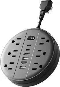 Power Strip, Extension Cord with 6 AC Outlets, 6 USB Ports (2 USB C) & Control Switch, Short Cord Outlet Extender, Wall Mountable Multiple Outlets for Office Home Travel RV, Black