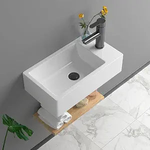 Small Bathroom Sink - 18"x10" Wall Mounted Rectangular Ceramic Vessel Sink White Porcelain Floating Vanity Sink for Tiny Bathrooms with Faucet (Right Hand Bowl Options)
