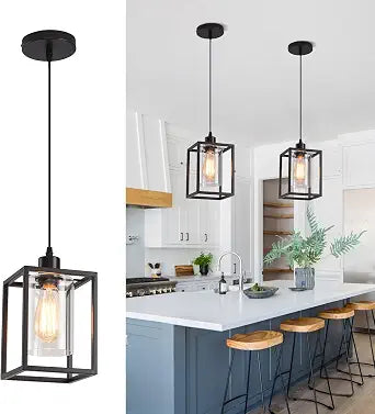 Black Pendant Lights for Kitchen Island Industrial Lantern Pendant Light Fixtures with Clear Glass Shade, Farmhouse Adjustable Height Hanging Pendant Lighting