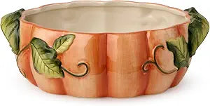 Harvest Fields 3D Pumpkin Shallow Serving Bowl  10 x 7 Ceramic Farmhouse Bowl for Fall Side Dishes, Salads & Holiday Feasts  32oz Capacity  Perfect for Thanksgiving & Autumn Entertaining