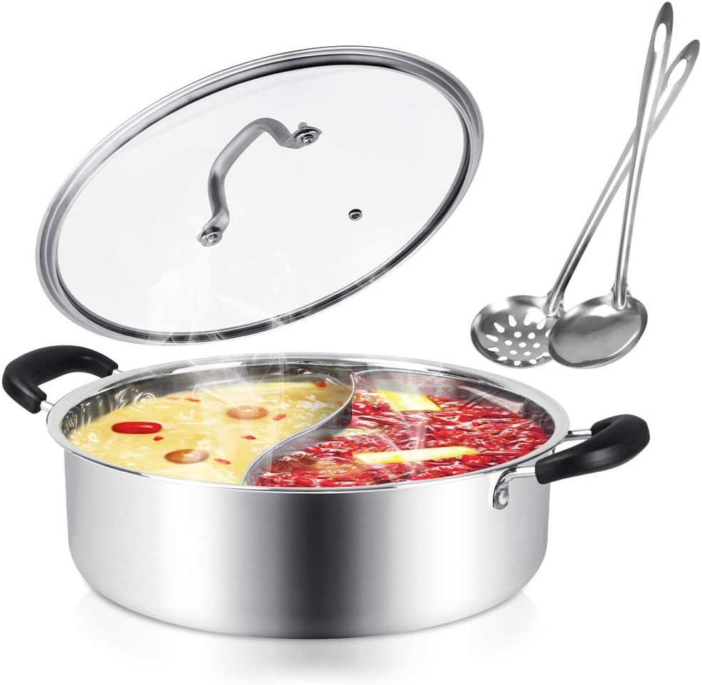 Stainless Steel Hot Pot with Divider Shabu Shabu Hot Pot for Induction, 11"